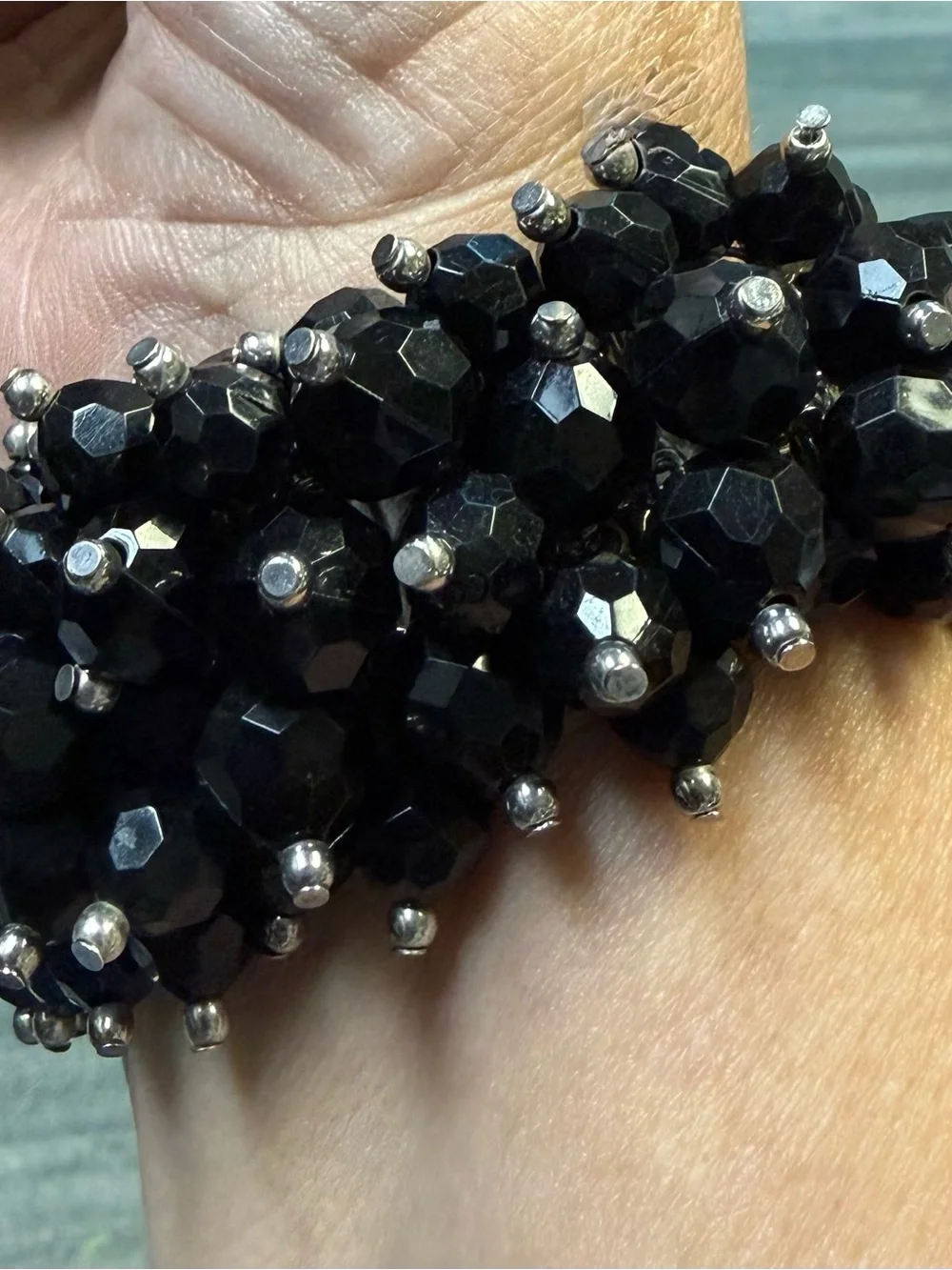 Black Crystal Beaded Cha-Cha Accordion Statement Bracelet